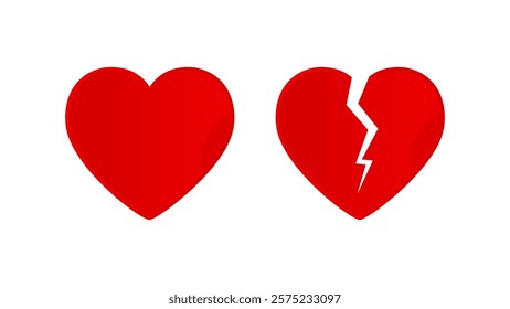 Red Heart. Happy Valentine's Day. Red hearts broken and whole. Symbol of love and parting. Vector illustration.