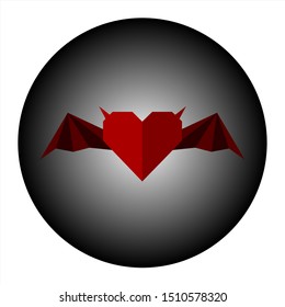 The red heart has wings in a black glass ball.