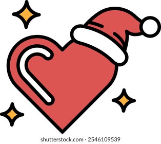 A red heart with a red hat on top of it. The heart is surrounded by a candy cane