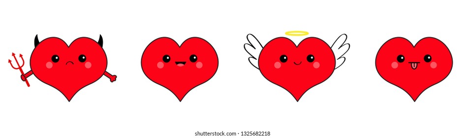 Red heart head face emotion icon set line. Devil Angel Evil Amour. Trident horn wing nimbus. Cute cartoon kawaii character. Happy Valentines day. Flat design. Greeting card. White background. Vector