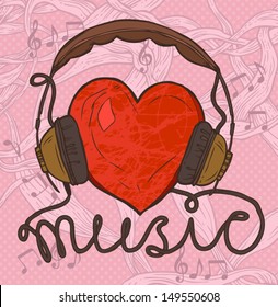 red heart with headphones, hand drawn funny illustration of music concept