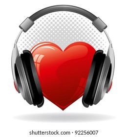 Red Heart With Headphones. Music Concept.