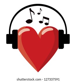 red heart with headphones and notes above