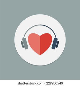 Red Heart With Headphones. Vector Icon.