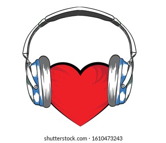 Red heart with headphones vector illustration. Isolated on white. Music vector