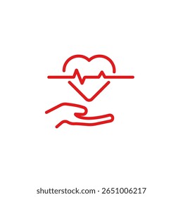 Red heart health icon showing a heartbeat line inside a heart with a supportive hand below.