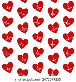 Red heart with hearbeat on white background seamless pattern