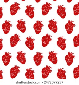 Red heart with hearbeat on white background seamless pattern