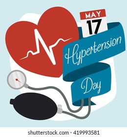 Red heart with heartbeat inside, manometer and inflation bulb of a sphygmomanometer with a commemorative band for Hypertension Day in May 17th.