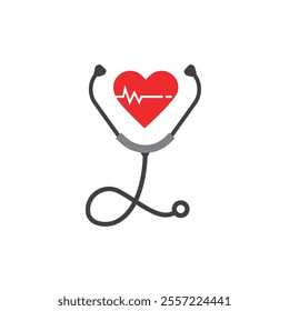 Red heart with heartbeat lines inside a stethoscope suitable for medical and healthcare concepts