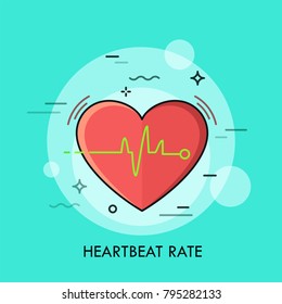 Red heart and heartbeat rate rhythm or electrocardiogram. Concept of healthcare, cardiology, electrocardiography, first aid, medical care. Creative vector illustration for website, banner, poster.