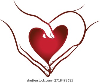 Red Heart Held by Cupped Hands Outline love care
