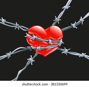 Red heart with highlights wrap enclosed in barbed metal wire symbol of slavery, imprisonment, conflict, resistance terror, jealousy, unrequited love and cruelty, vector concept on black background