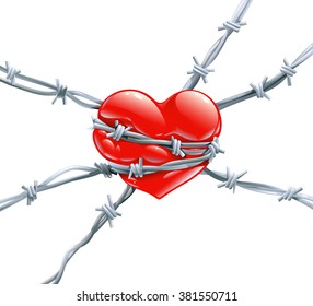 Red heart with highlights wrap enclosed in barbed metal wire symbol of slavery, imprisonment, conflict, resistance terror, jealousy, unrequited love and cruelty, isolated vector illustration, concept