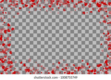 Red heart holiday frame. Valentines Day confetti shimmer hearts. Love vector decoration design. Romantic transparent background illustration random falling. Paper Valentine origami banner.