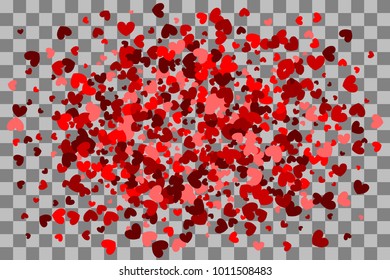 Red heart holiday frame. Valentines Day confetti shimmer hearts. Love vector decoration design. Romantic transparent background illustration random falling. Paper Valentine origami banner.