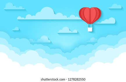 Red heart hot air balloon flying. Love background. Valentine's day. Holiday card. Aerostat in the sky with clouds. Cute paper cut design. Beautiful romantic origami. Flat style vector illustration.