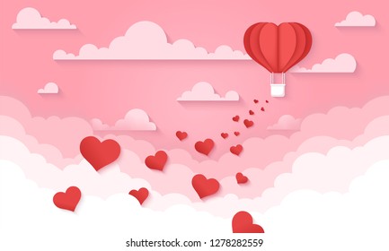 Red heart hot air balloon flying. Love background. Valentine's day. Holiday card. Aerostat in the sky with clouds. Cute paper cut design. Beautiful romantic origami. Flat style vector illustration.