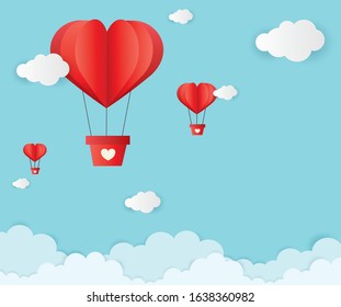 Red heart hot air balloon flying in the sky. Valentines day background with Heart Shaped Balloons vector illustration, banner, wallpaper design.