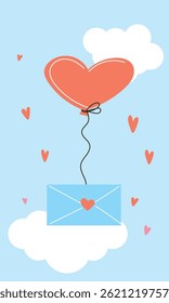 Red Heart Hot Air Balloon Envelope Floating Blue Sky. Romantic Greeting card. Valentine day or Wedding Invitation. Bridal Celebration Party Banner Design. Doodle Drawn Symbol Style. Cute Kid Art.