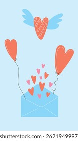 Red Heart Hot Air Balloon Envelope Floating Blue Sky. Romantic Greeting card. Valentine day or Wedding Invitation. Bridal Celebration Party Banner Design. Doodle Drawn Symbol Style. Cute Kid Art.