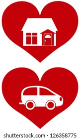 Red Heart with House and Car Icons and Symbols Isolated on White Background Illustration Vector