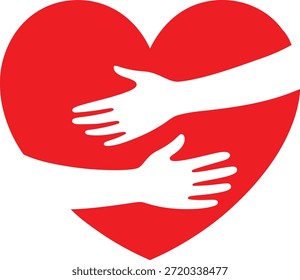 Corazón rojo que abraza el icono de las manos, Ilustración vectorial del símbolo de la Asistencia del cuidado del amor