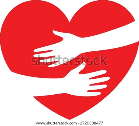 Red Heart Hugging Hands Icon, Love Care Support Symbol Vector Illustration