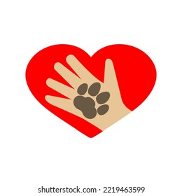 Red heart, human hand and dog paw print. Vector logo an icon.
