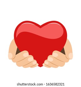 red heart in human hands. The concept of love and devotion and unconditional love. Element for Valentine's Day, Mother's Day, Wedding, Easter. flat vector illustration isolated on white background
