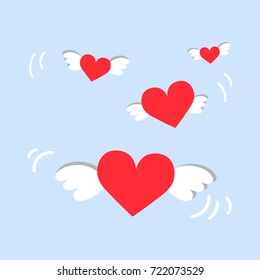 Red heart icon with angel wings. Vector illustration. Flat design cartoon image on blue sky background. Cute design for postcard, poster, banner, template, web.