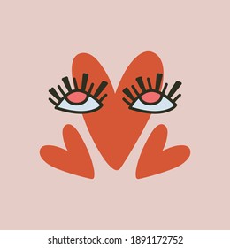 RED Heart icon with big eyes. Valentine's day element. Vector illustration is suitable for printing on clothes, printing on postcards. Perfect for a beauty salon for eyelash extension