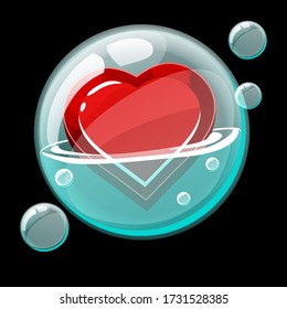 Red heart icon in a big soap bubble. Cartoon Vector bubble and heart object.
