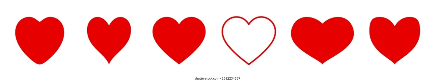 Red Heart Icon collection. Stylised heart shape isolated on white background.