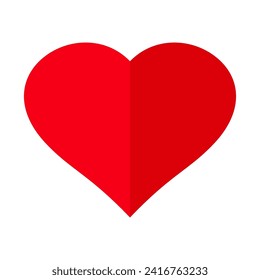 Red heart icon folded in half. Valentines day, symbol of love. Decorative design element for wedding card, invitation. Vector illustration isolated on white background.