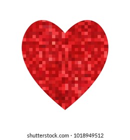 Red heart. Heart icon. Geometric heart with mesh of squares. Cell. Pixel. Theme shape of heart for festive design. Valentine's day. Mosaic style.