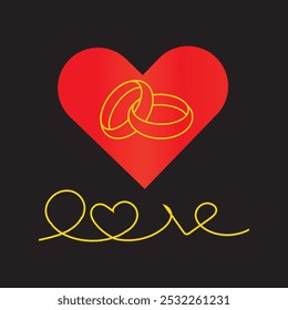 Red heart icon with golden anniversary, engagement ring with love style. Love sign vector illustration isolated on black background.