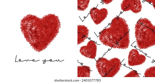 Red heart icon with hand written font vector illustration. Love you set. Valentine's day seamless pattern.