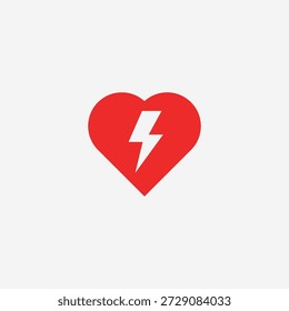 Symbol für das rote Herz mit einem Blitzsymbol in der Mitte, das Liebe, Energie, Leidenschaft, Kraft oder emotionale Intensität darstellt. Minimaler flacher Vektorstil geeignet für die Gesundheitsvorsorge.