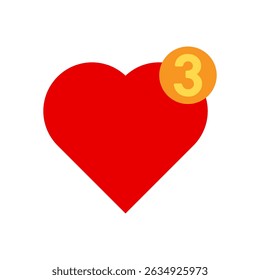 Red heart icon with orange notification bubble showing number three on white background