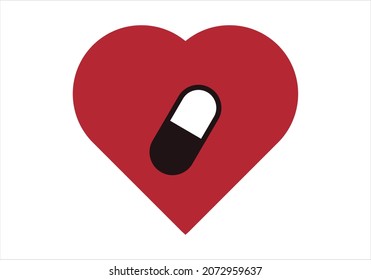 Icono de corazón rojo de una píldora sobre fondo blanco.