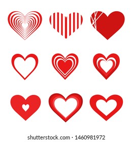 Red heart icon set of 9. Flat isolated vector symbol collection on a white background