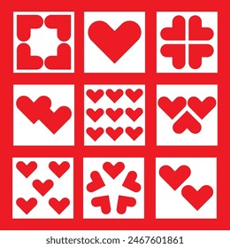 Red heart icon set. Abstract hearts in square shape. Valentine's Day Mother's Day card template. Trendy geometric shapes with squares and hearts in retro style. Flat design. Red background. Vector