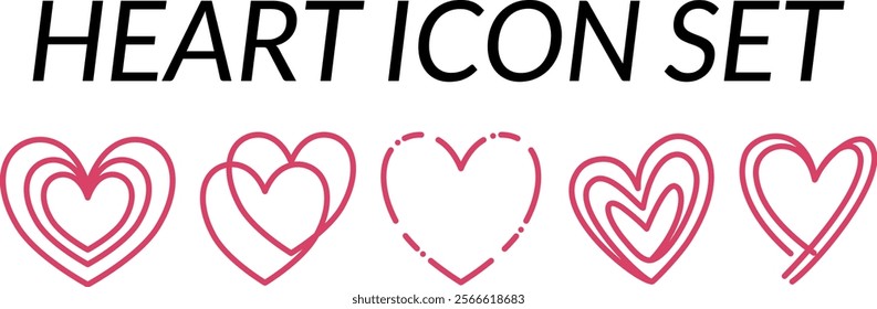 Red heart icon set, heart icon collection, outline style,