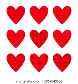 Red heart icon set. Cute polka dot, line pattern. Happy Valentines day sign symbol simple template. Love greeting card. Decoration element. Square composition. Flat design. White background. Vector