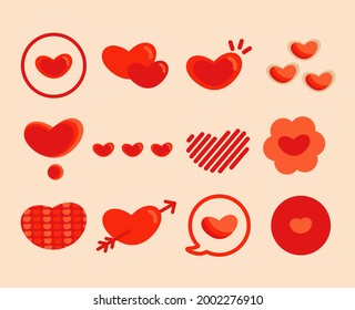 Red heart icon set. Cute line pattern. Design elements for Valentine's day. Love greeting card. Decoration element. Flat design. 