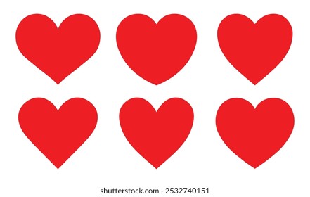 Red heart icon set in different shape isolated on a white background. Heart icon set. Red and hearts symbol, love sign, heartbeat silhouette, heart pictograms isolated set. Vector illustration.