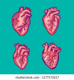 Red heart icon set. Hand drawn set of red heart vector icons for web design