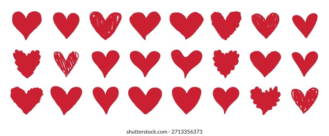 Conjunto de iconos de corazón rojo. Los corazones texturizados dibujados a mano aman los signos conceptuales. Ilustración vectorial