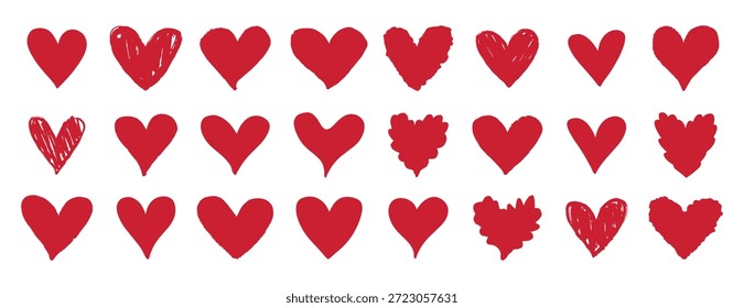 Conjunto de iconos de corazón rojo. Los corazones texturizados dibujados a mano aman los signos conceptuales. Ilustración vectorial